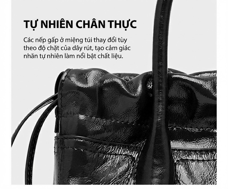 Túi Xách Tay Nữ Da Bò Dây Rút Kiểu Retro Màu Nâu, Đen, Trắng Kem chi tiết 4
