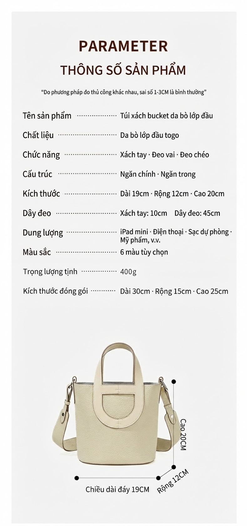 Túi Xách Tay Nữ Da Bò Đeo Chéo Dáng Thùng Màu Trắng Kem, Xanh, Nâu chi tiết 5