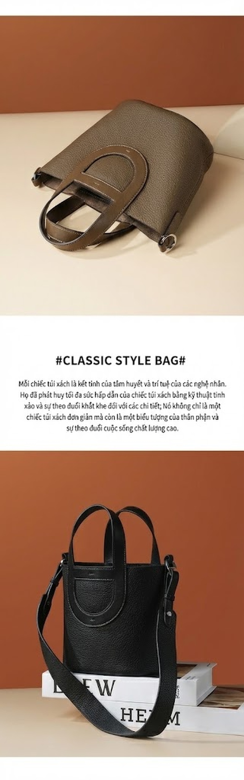 Túi Xách Tay Nữ Da Bò Đeo Chéo Dáng Thùng Màu Trắng Kem, Xanh, Nâu chi tiết 8