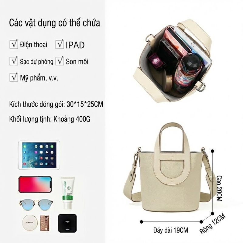 Túi Xách Tay Nữ Da Bò Đeo Chéo Dáng Thùng Màu Trắng Kem, Xanh, Nâu
