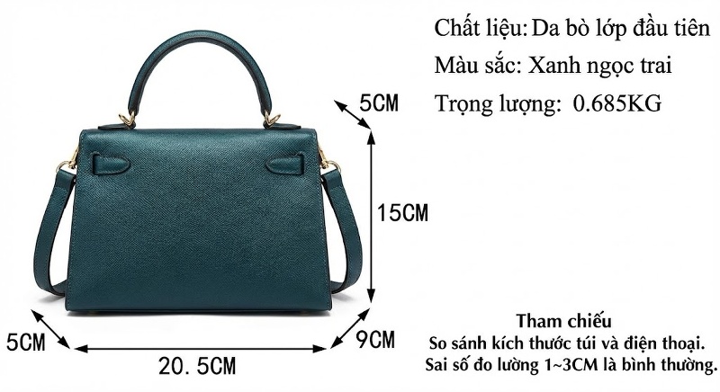 Túi Xách Tay Nữ Da Bò Đeo Chéo Đeo Vai Hình Hộp Màu Xanh Ngọc Trai