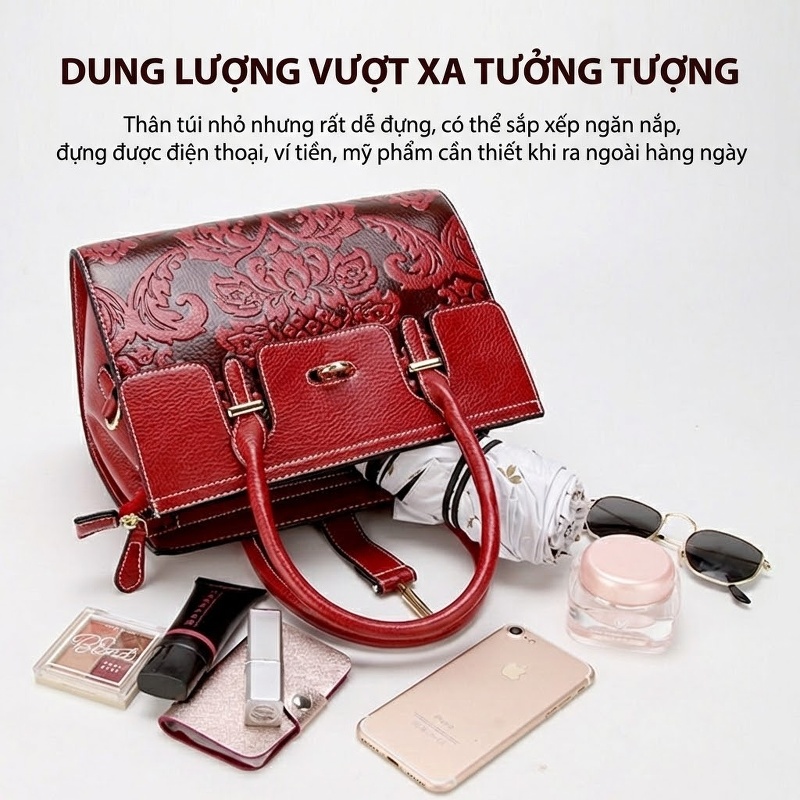 Túi Xách Tay Nữ Da Bò Đeo Chéo Phong Cách Châu Âu Cổ Điển Màu Đen, Đỏ
