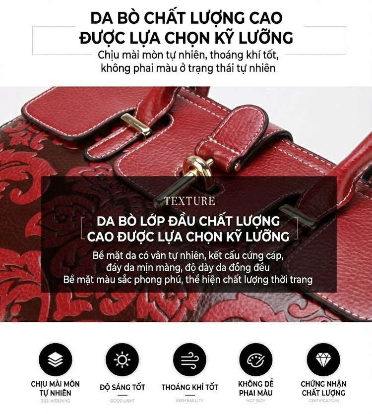 Túi Xách Tay Nữ Da Bò Đeo Chéo Phong Cách Châu Âu Cổ Điển Màu Đen, Đỏ chi tiết 4
