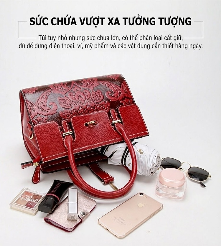 Túi Xách Tay Nữ Da Bò Đeo Chéo Phong Cách Châu Âu Cổ Điển Màu Đen, Đỏ chi tiết 5