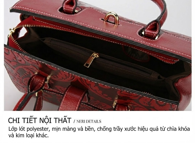 Túi Xách Tay Nữ Da Bò Đeo Chéo Phong Cách Châu Âu Cổ Điển Màu Đen, Đỏ chi tiết 10