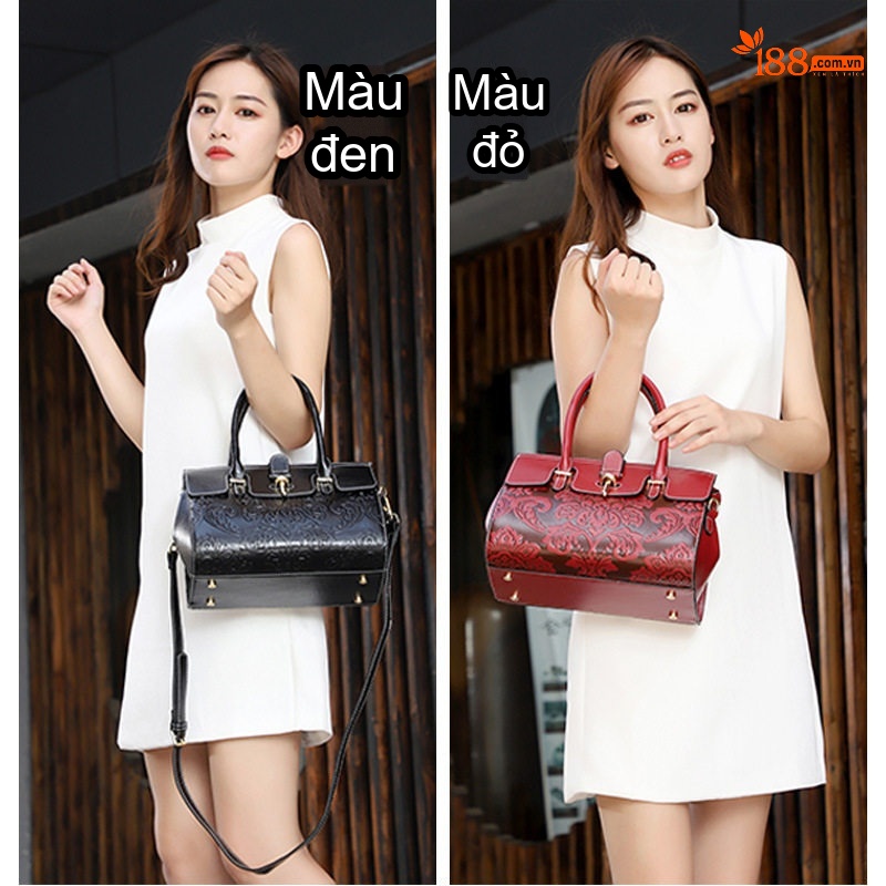 Túi Xách Tay Nữ Da Bò Đeo Chéo Phong Cách Châu Âu Cổ Điển Màu Đen, Đỏ