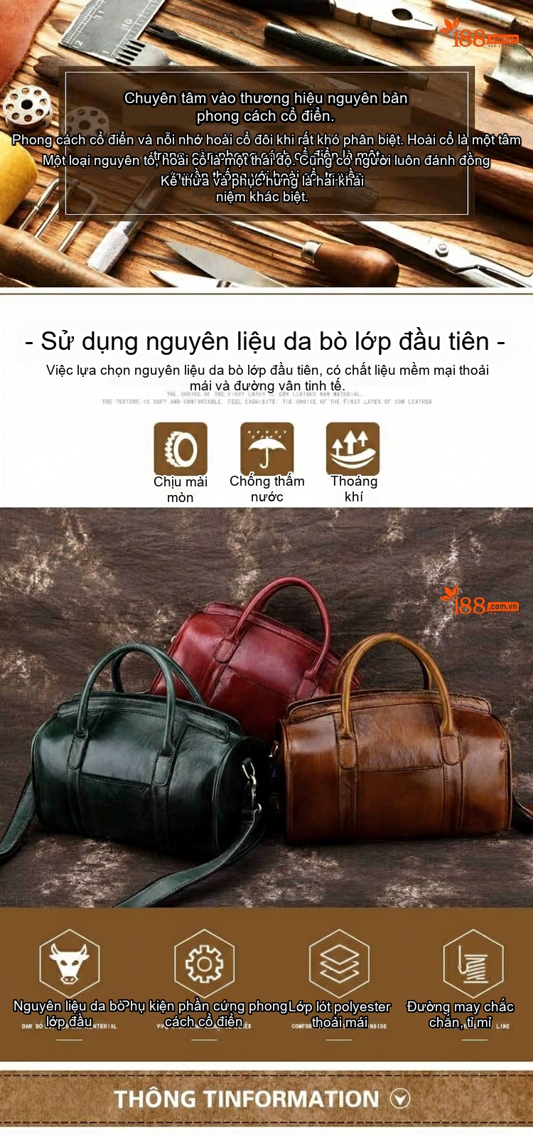 Túi Xách Tay Nữ Da Bò Đeo Chéo Phong Cách Retro Màu Nâu, Đỏ, Xanh Lá chi tiết 1