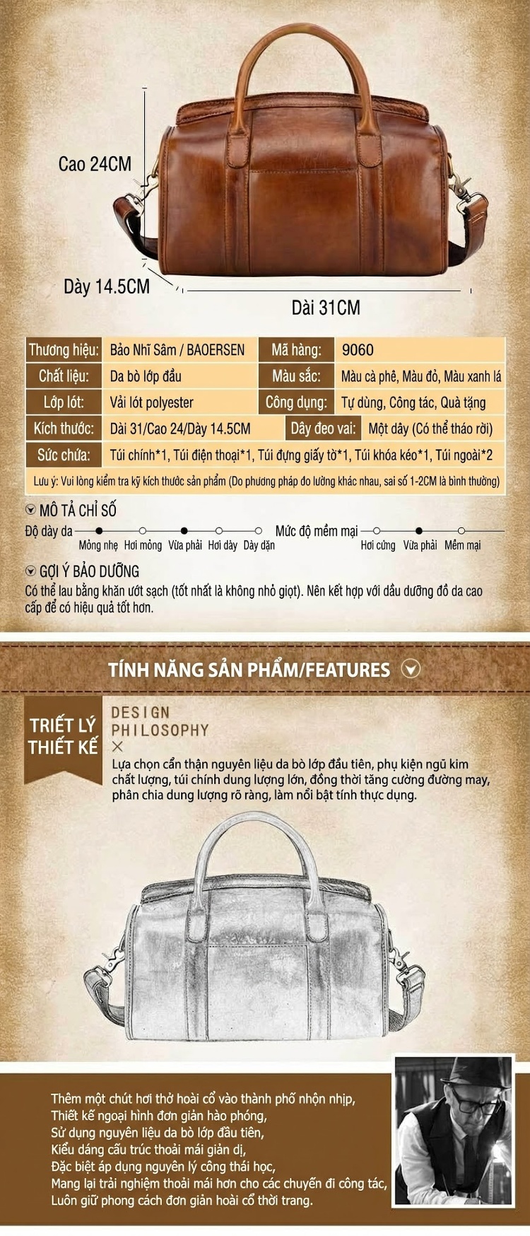 Túi Xách Tay Nữ Da Bò Đeo Chéo Phong Cách Retro Màu Nâu, Đỏ, Xanh Lá chi tiết 2
