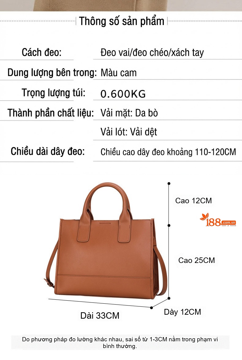Túi Xách Tay Nữ Da Bò Đeo Chéo Thời Trang Công Sở Dung Tích Lớn Màu Cam chi tiết 4