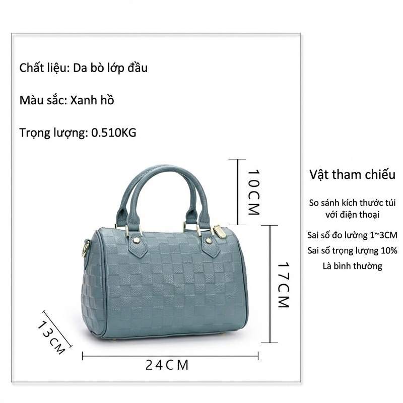 Túi Xách Tay Nữ Da Bò Đeo Vai Đeo Chéo Cỡ Lớn Dáng Trống Màu Xanh Nước Hồ