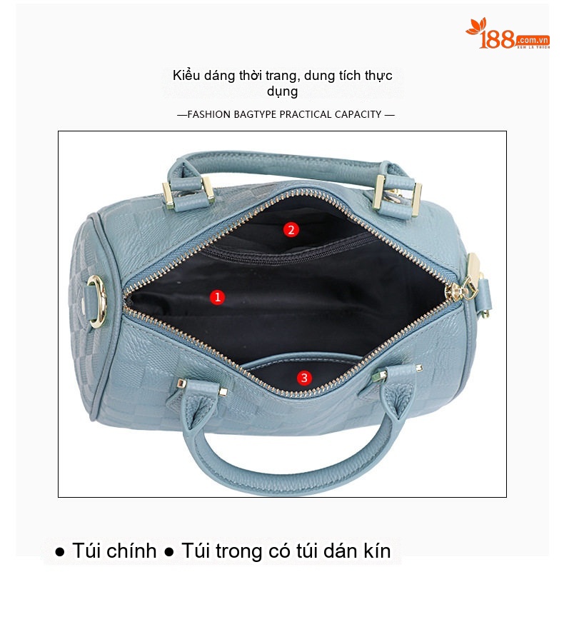 Túi Xách Tay Nữ Da Bò Đeo Vai Đeo Chéo Cỡ Lớn Dáng Trống Màu Xanh Nước Hồ chi tiết 6