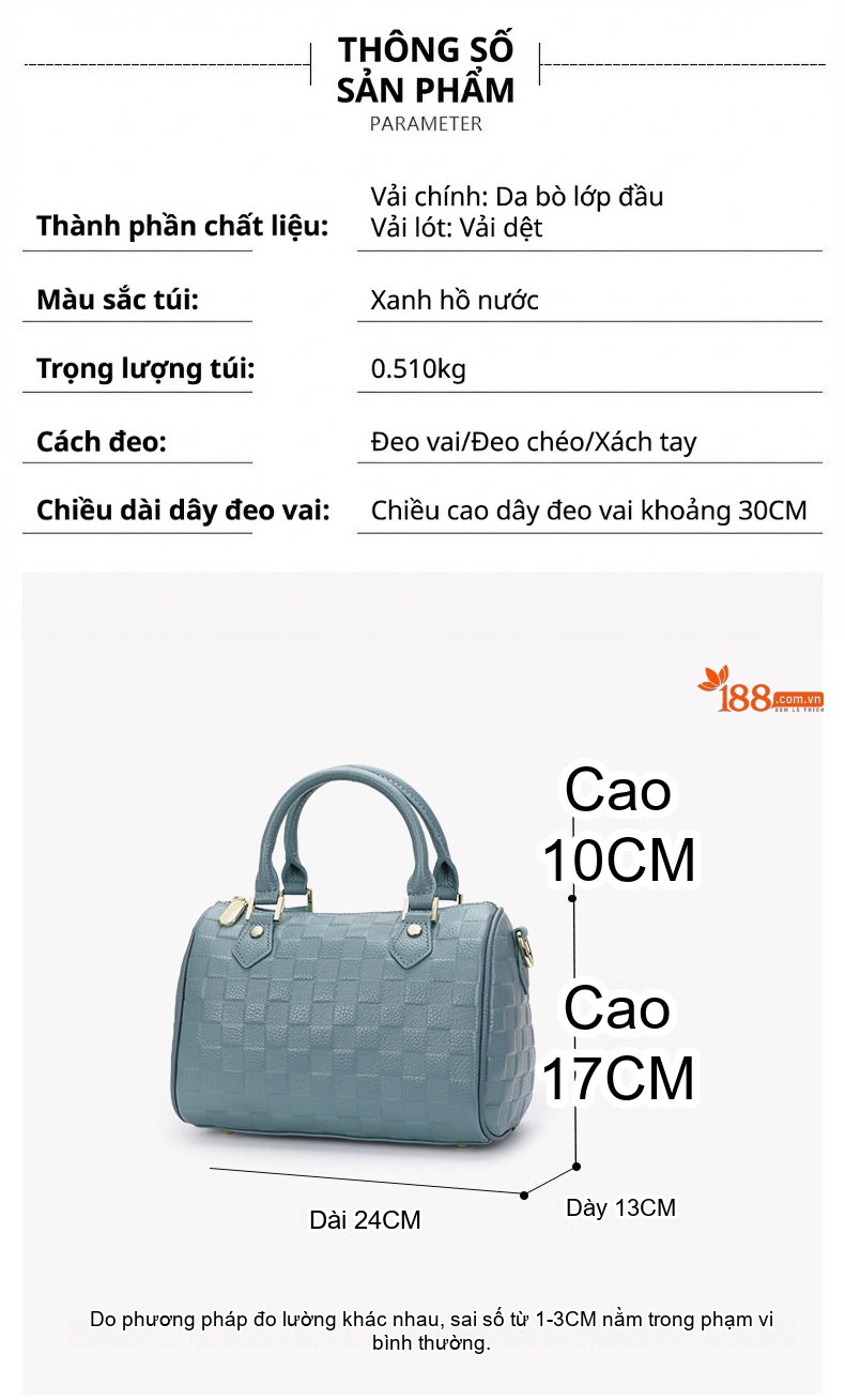 Túi Xách Tay Nữ Da Bò Đeo Vai Đeo Chéo Cỡ Lớn Dáng Trống Màu Xanh Nước Hồ chi tiết 5
