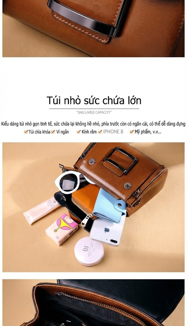 Túi Xách Tay Nữ Da Bò Đeo Vai, Đeo Chéo Phong Cách Ins Màu Đen, Nâu, Đỏ chi tiết 3