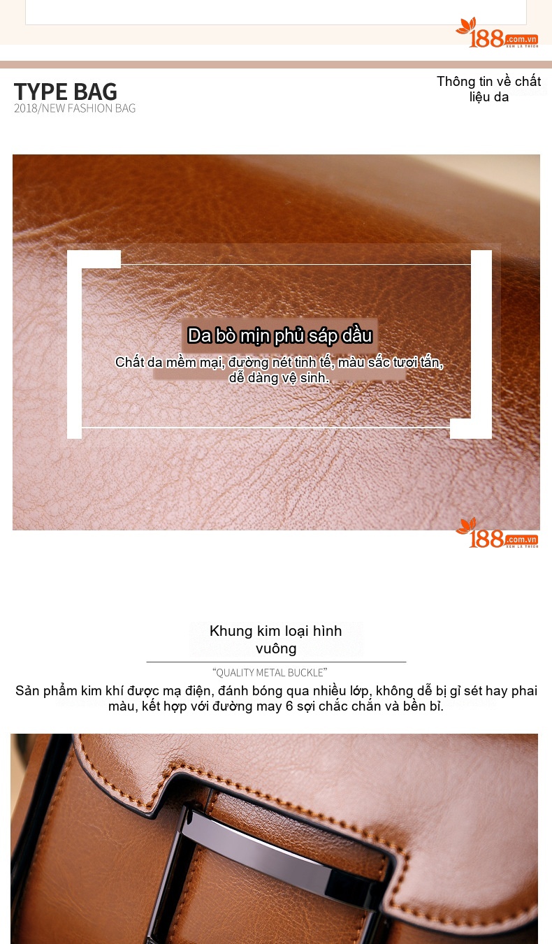 Túi Xách Tay Nữ Da Bò Đeo Vai, Đeo Chéo Phong Cách Ins Màu Đen, Nâu, Đỏ chi tiết 2