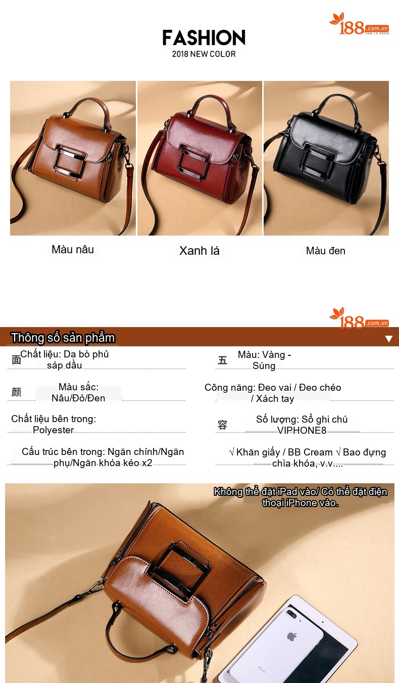 Túi Xách Tay Nữ Da Bò Đeo Vai, Đeo Chéo Phong Cách Ins Màu Đen, Nâu, Đỏ chi tiết 11
