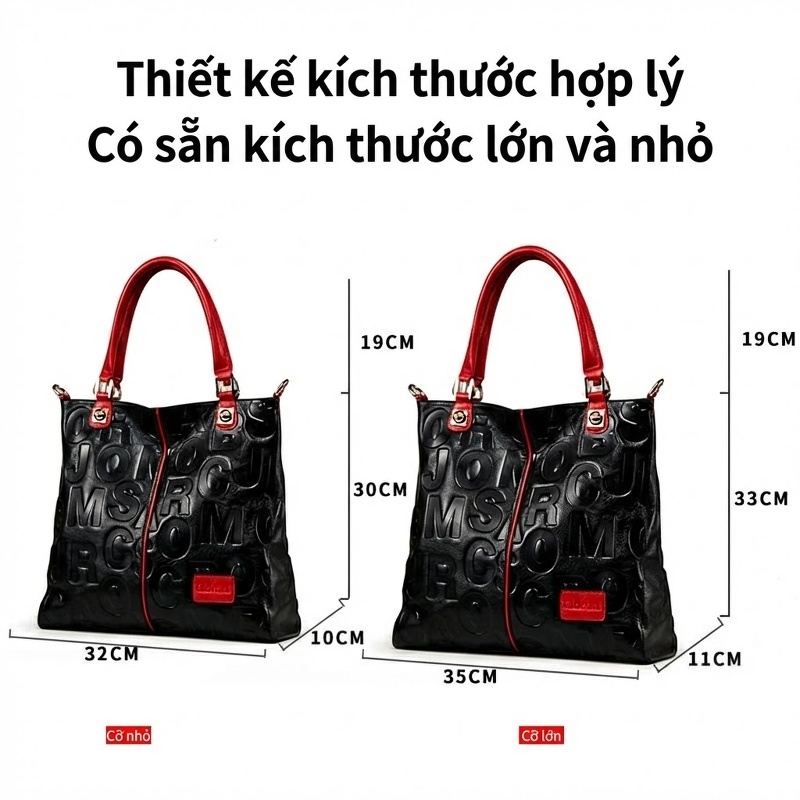 Túi Xách Tay Nữ Da Bò Đeo Vai, Đeo Chéo Thời Trang Màu Đen, Đỏ