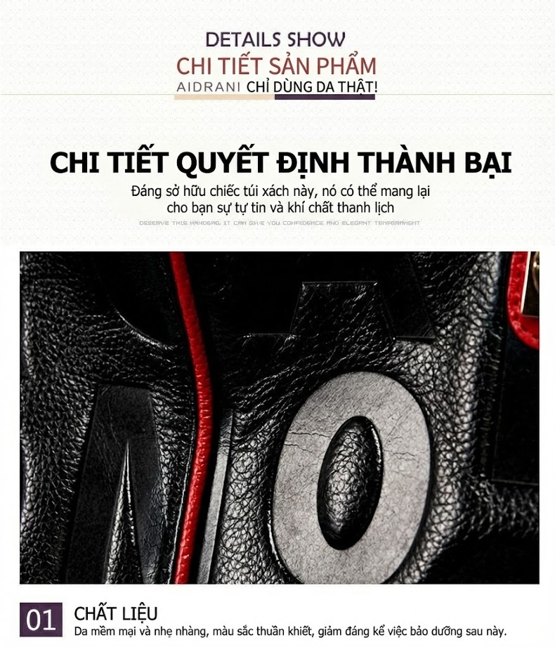 Túi Xách Tay Nữ Da Bò Đeo Vai, Đeo Chéo Thời Trang Màu Đen, Đỏ chi tiết 9