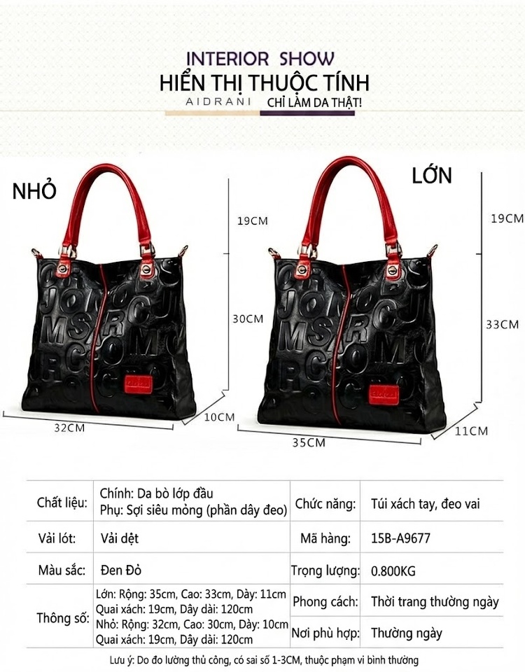 Túi Xách Tay Nữ Da Bò Đeo Vai, Đeo Chéo Thời Trang Màu Đen, Đỏ chi tiết 14
