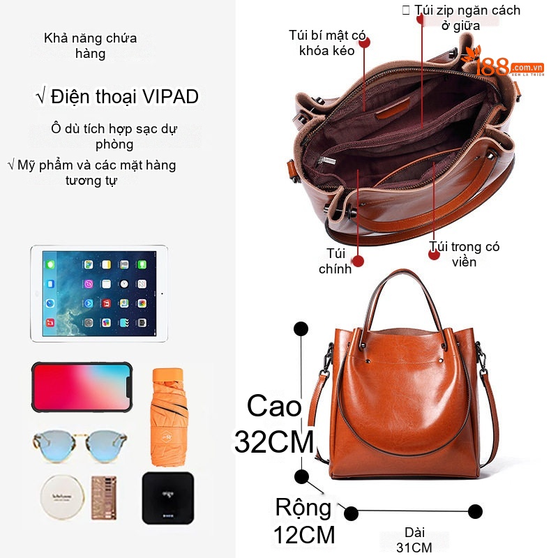 Túi Xách Tay Nữ Da Bò Đeo Vai Phong Cách Âu Mỹ Công Sở Sức Chứa Lớn Màu Nâu