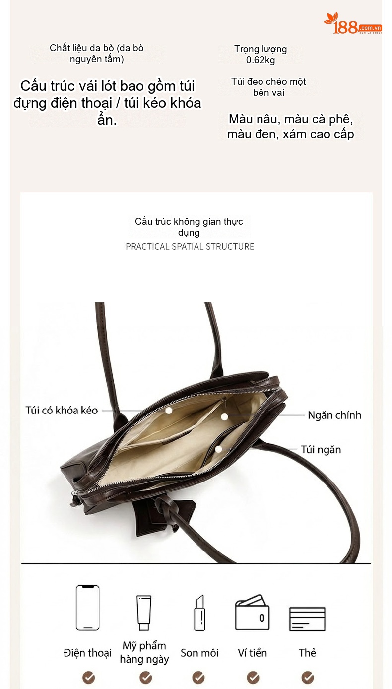 Túi Xách Tay Nữ Da Bò Đeo Vai Phong Cách Cổ Điển Màu Nâu chi tiết 8