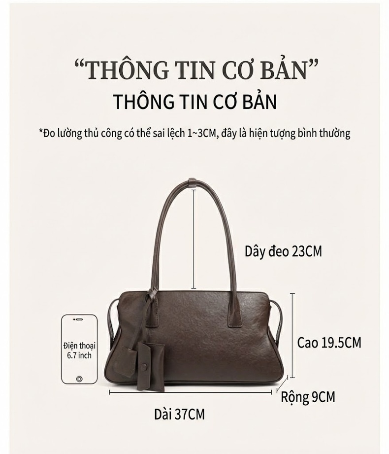 Túi Xách Tay Nữ Da Bò Đeo Vai Phong Cách Cổ Điển Màu Nâu chi tiết 7