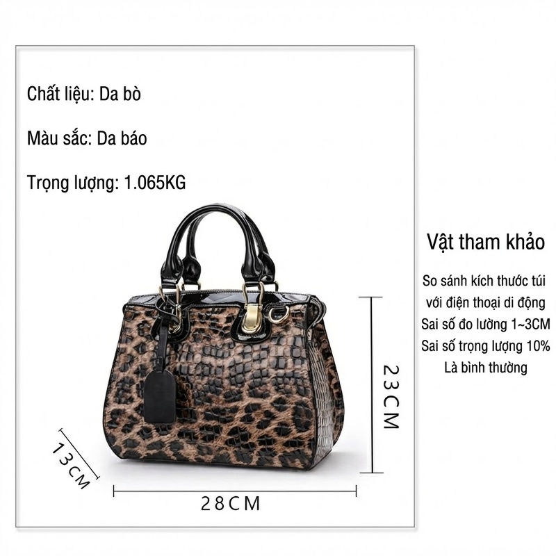 Túi Xách Tay Nữ Da Bò Định Hình Họa Tiết Da Báo Đeo Vai, Đeo Chéo