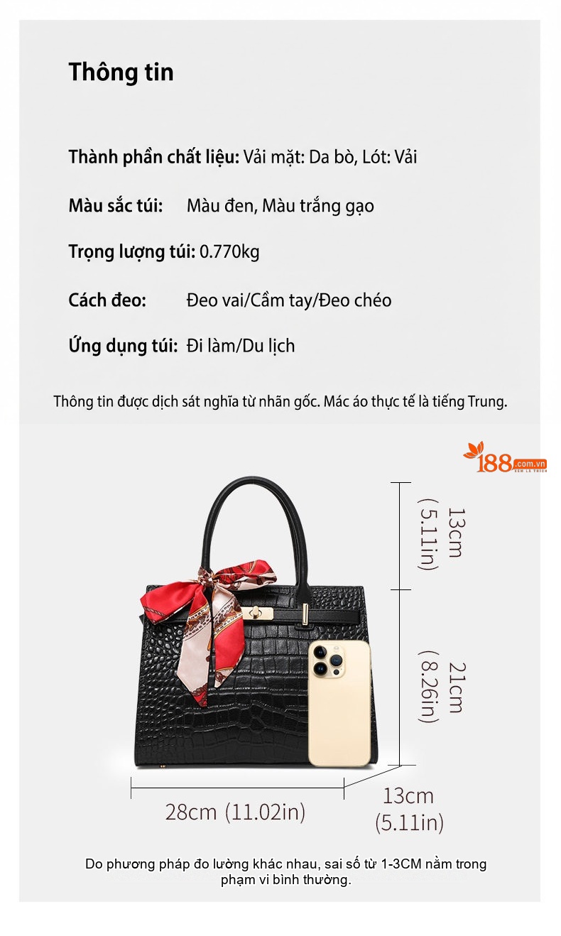Túi Xách Tay Nữ Da Bò Đựng Đồ Cỡ Lớn Màu Đen, Kem chi tiết 3
