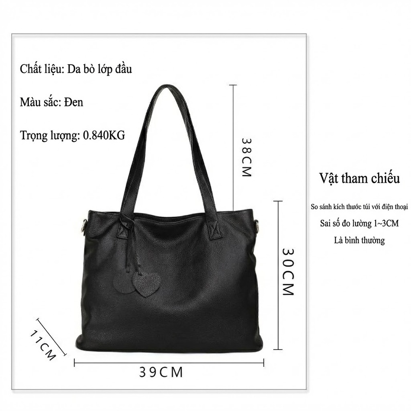 Túi Xách Tay Nữ Da Bò Đựng Đồ Dung Tích Lớn Màu Đen