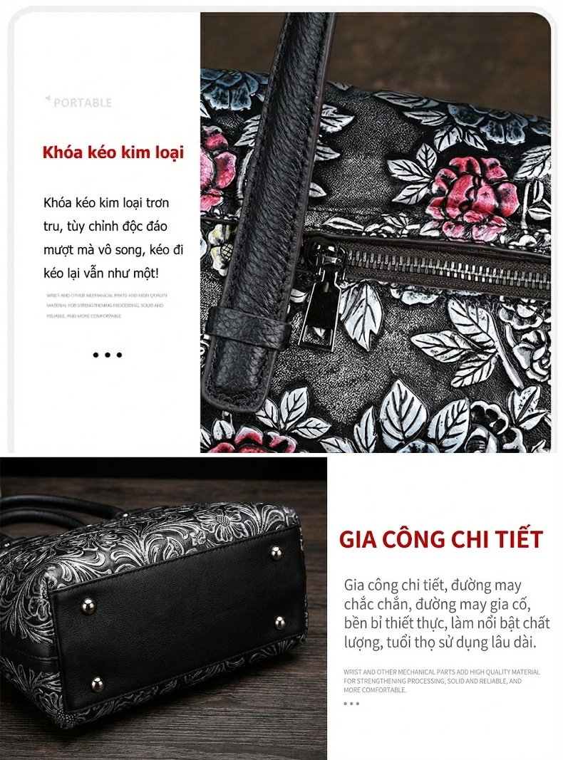 Túi Xách Tay Nữ Da Bò Dung Tích Lớn Đeo Vai Đeo Chéo Họa Tiết Hoa chi tiết 12