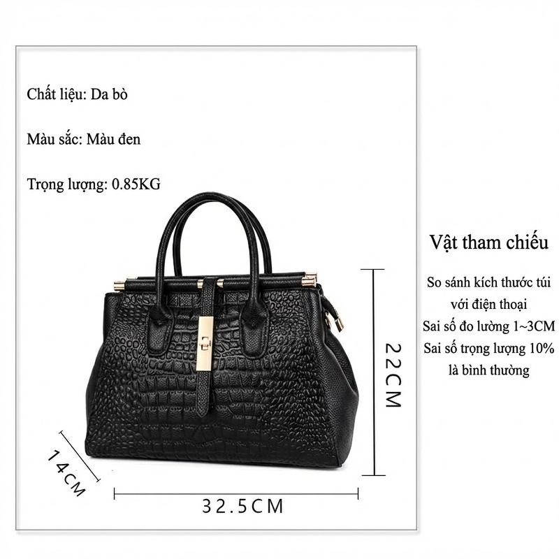 Túi Xách Tay Nữ Da Bò Dung Tích Lớn Đeo Vai, Đeo Chéo Thời Trang Màu Đen