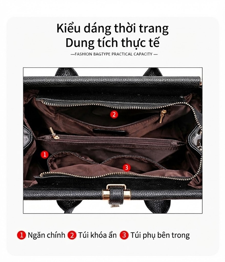 Túi Xách Tay Nữ Da Bò Dung Tích Lớn Đeo Vai, Đeo Chéo Thời Trang Màu Đen chi tiết 8