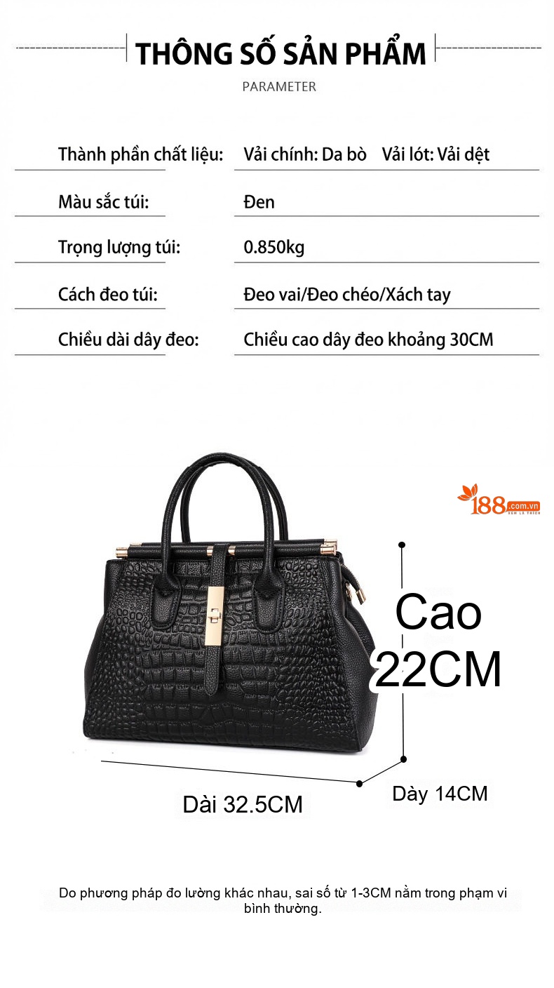 Túi Xách Tay Nữ Da Bò Dung Tích Lớn Đeo Vai, Đeo Chéo Thời Trang Màu Đen chi tiết 7
