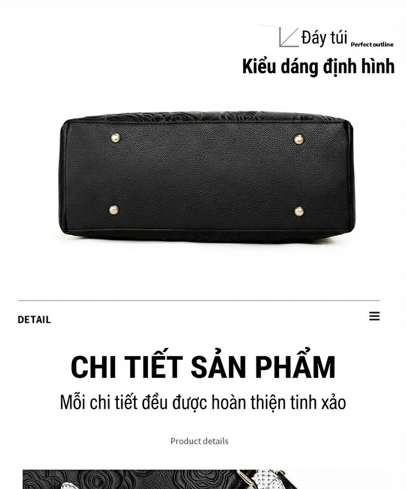 Túi Xách Tay Nữ Da Bò Dung Tích Lớn Họa Tiết Hoa Màu Đen chi tiết 16