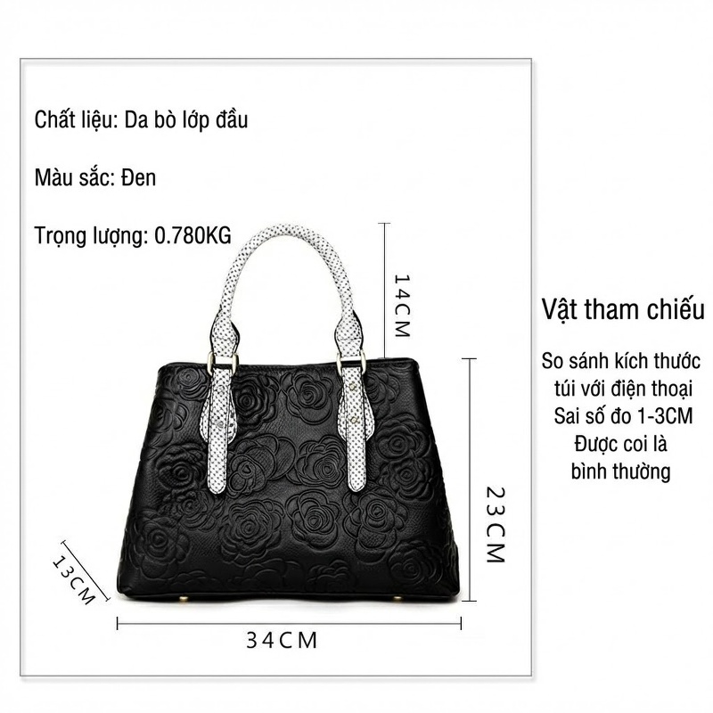 Túi Xách Tay Nữ Da Bò Dung Tích Lớn Họa Tiết Hoa Màu Đen