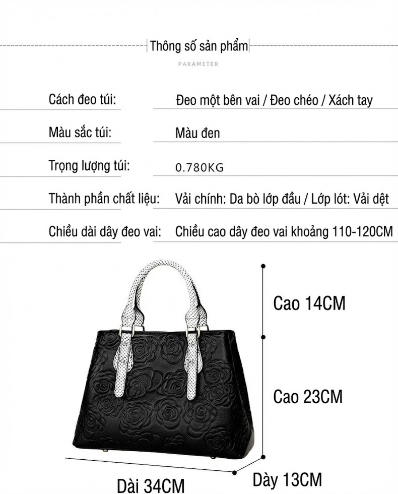 Túi Xách Tay Nữ Da Bò Dung Tích Lớn Họa Tiết Hoa Màu Đen chi tiết 5
