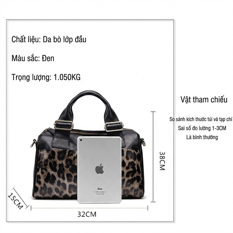 Túi Xách Tay Nữ Da Bò Họa Tiết Da Báo Phong Cách Sang Trọng Màu Đen chi tiết 3