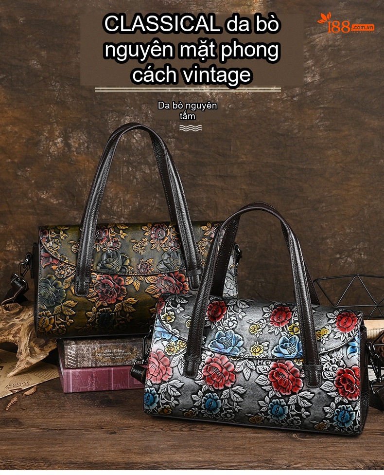 Túi Xách Tay Nữ Da Bò Hoa Văn Vintage Túi Đeo Vai, Đeo Chéo chi tiết 1