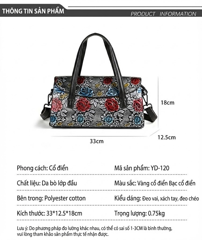 Túi Xách Tay Nữ Da Bò Hoa Văn Vintage Túi Đeo Vai, Đeo Chéo chi tiết 5