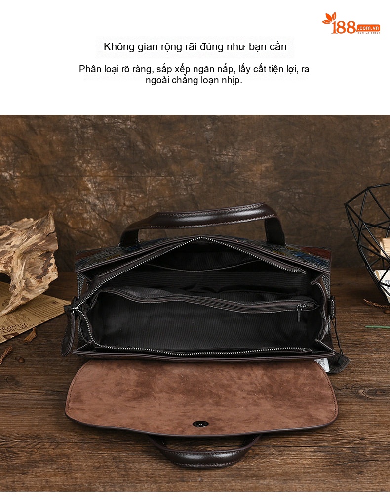 Túi Xách Tay Nữ Da Bò Hoa Văn Vintage Túi Đeo Vai, Đeo Chéo chi tiết 9