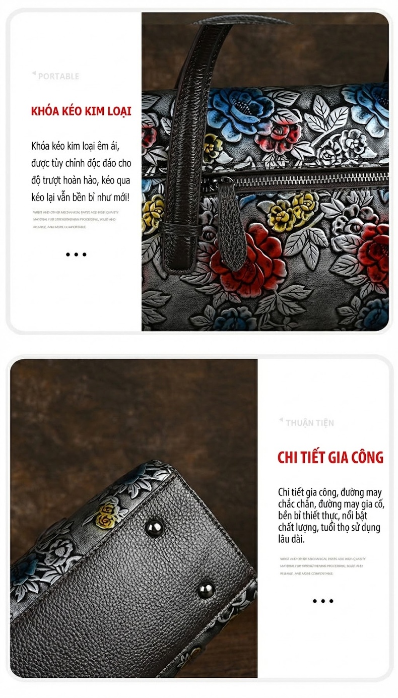 Túi Xách Tay Nữ Da Bò Hoa Văn Vintage Túi Đeo Vai, Đeo Chéo chi tiết 2