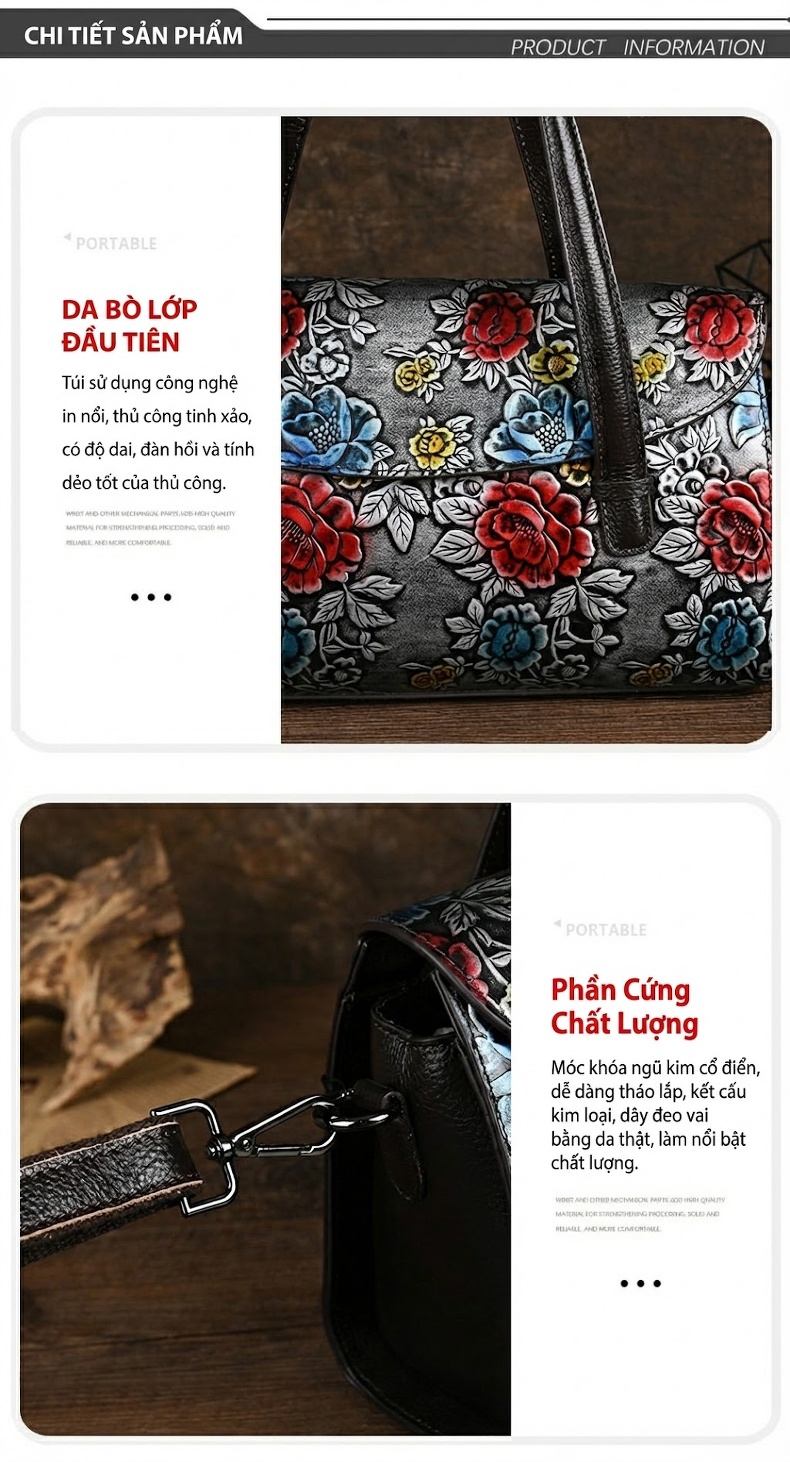 Túi Xách Tay Nữ Da Bò Hoa Văn Vintage Túi Đeo Vai, Đeo Chéo chi tiết 11