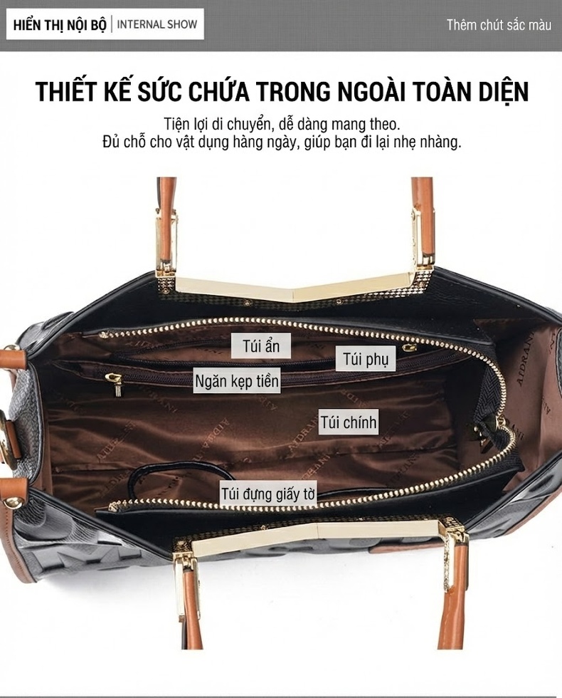 Túi Xách Tay Nữ Da Bò In Chữ Thời Trang, Túi Đeo Vai, Túi Đeo Chéo, Túi Xách Công Sở Màu Đen, Nâu chi tiết 7