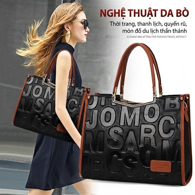 Túi Xách Tay Nữ Da Bò In Chữ Thời Trang, Túi Đeo Vai, Túi Đeo Chéo, Túi Xách Công Sở Màu Đen, Nâu