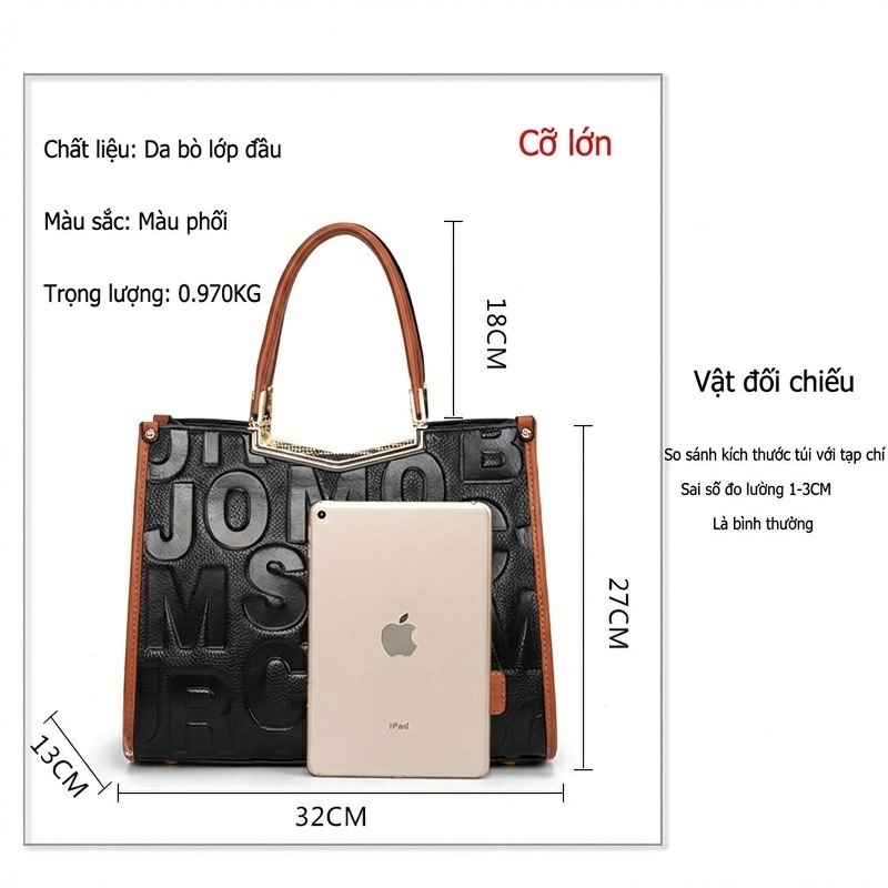 Túi Xách Tay Nữ Da Bò In Chữ Thời Trang, Túi Đeo Vai, Túi Đeo Chéo, Túi Xách Công Sở Màu Đen, Nâu