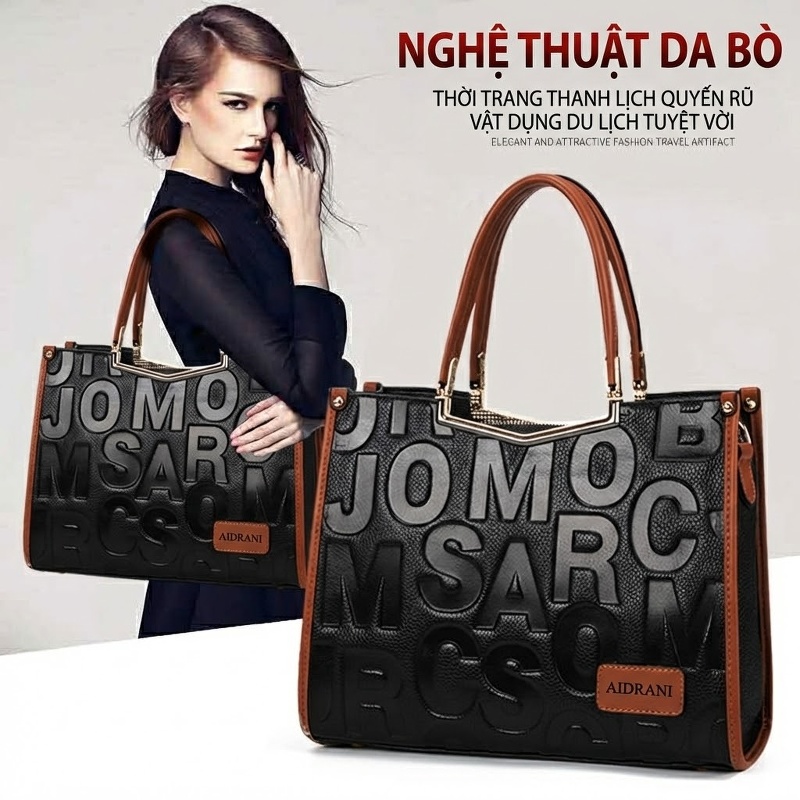 Túi Xách Tay Nữ Da Bò In Chữ Thời Trang, Túi Đeo Vai, Túi Đeo Chéo, Túi Xách Công Sở Màu Đen, Nâu