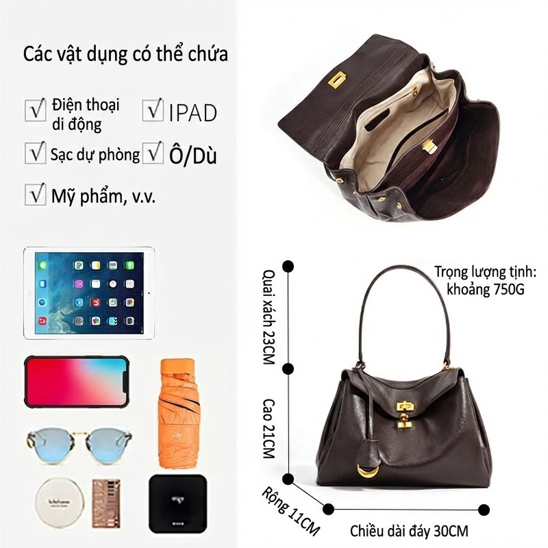 Túi Xách Tay Nữ Da Bò Kelly Rodeo Cao Cấp, Túi Tote Đeo Vai Đựng Vừa A4 Màu Nâu, Đen