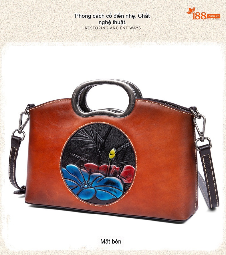 Túi Xách Tay Nữ Da Bò Khắc Họa Tiết Cổ Điển Quai Xách Kim Loại Phong Cách Vintage Màu Nâu, Đen chi tiết 8