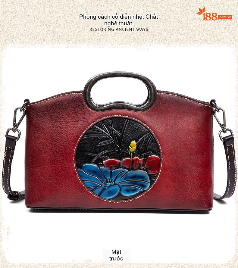 Túi Xách Tay Nữ Da Bò Khắc Họa Tiết Cổ Điển Quai Xách Kim Loại Phong Cách Vintage Màu Nâu, Đen chi tiết 9