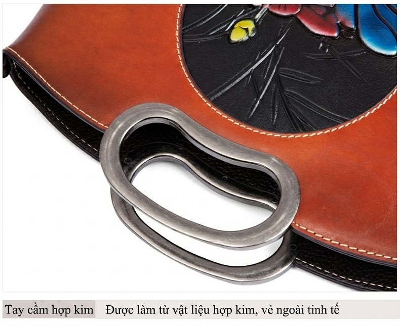 Túi Xách Tay Nữ Da Bò Khắc Họa Tiết Cổ Điển Quai Xách Kim Loại Phong Cách Vintage Màu Nâu, Đen chi tiết 16