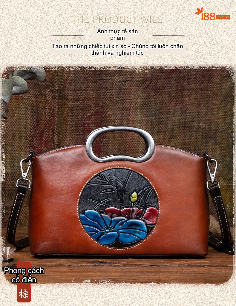 Túi Xách Tay Nữ Da Bò Khắc Họa Tiết Cổ Điển Quai Xách Kim Loại Phong Cách Vintage Màu Nâu, Đen chi tiết 4